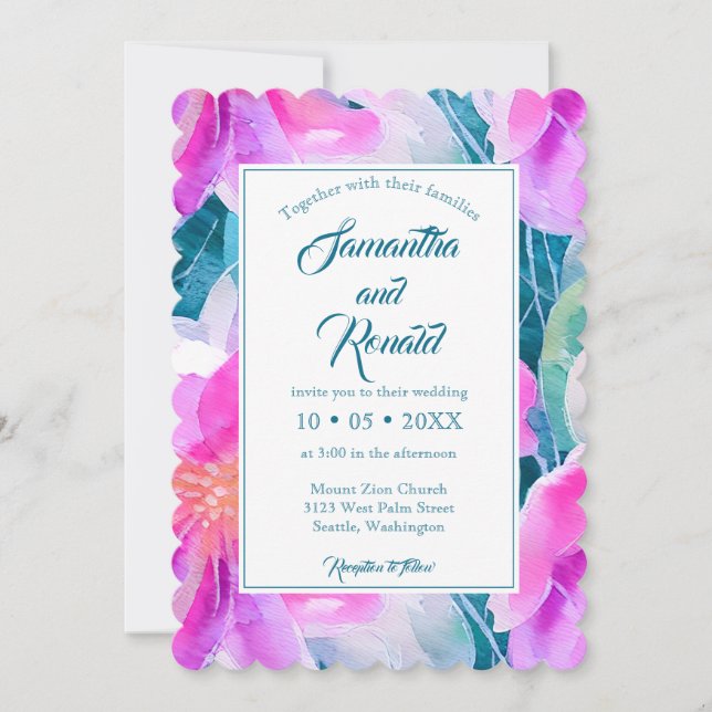 Invitation Pink violet et Turquoise aquarelle Mariage Floral (Devant)
