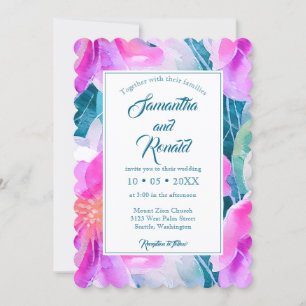 Invitation Pink violet et Turquoise aquarelle Mariage Floral
