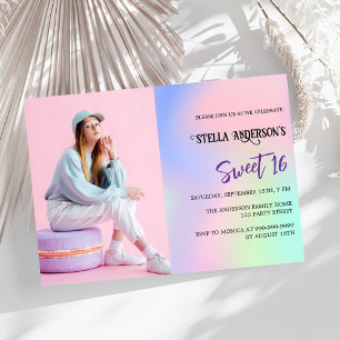 Invitation Pink violet holographique photo luxe Sweet 16