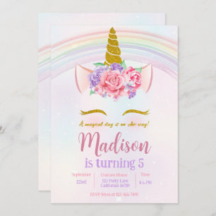 Invitation Pink violet or Floral Rainbow Unicorn Party