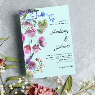 Invitation Pink violet Turquoise Fleur sauvage Mariage d'été