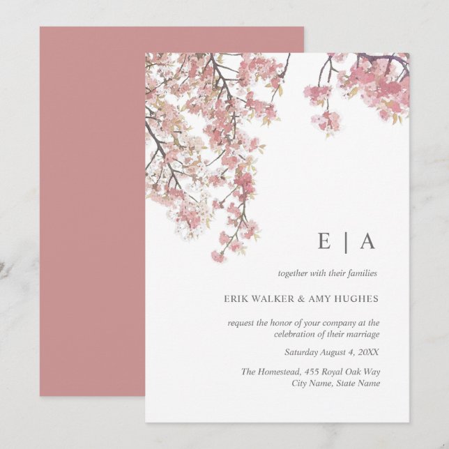 Invitation Pink water color cherry blossom wedation invitatio (Devant / Derrière)