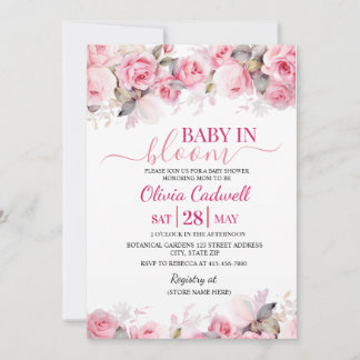 Invitation Pink Watercolor Baby In Bloom Baby Shower  Invitat