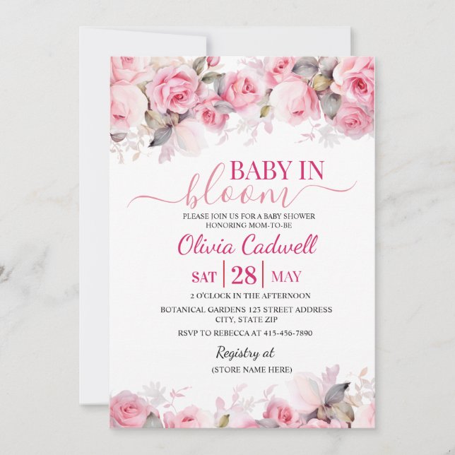 Invitation Pink Watercolor Baby In Bloom Baby Shower  Invitat (Devant)