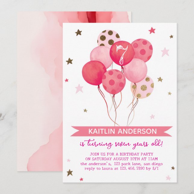 Invitation Pink Watercolor Balloons Girl 7th Birthday Party  (Devant / Derrière)