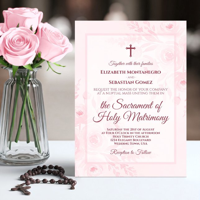 Invitation Pink Watercolor Boho Chic Peonies Catholic Wedding (Créateur téléchargé)