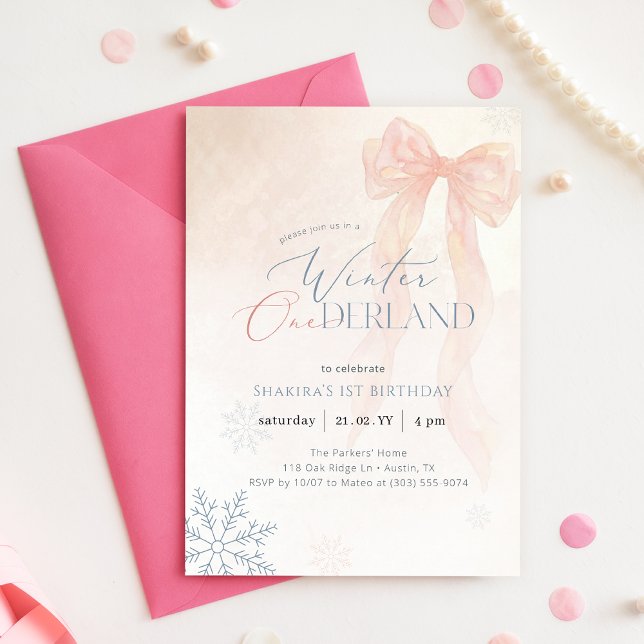 Invitation Pink Watercolor Bow Winter Onederland 1st Birthday (Créateur téléchargé)