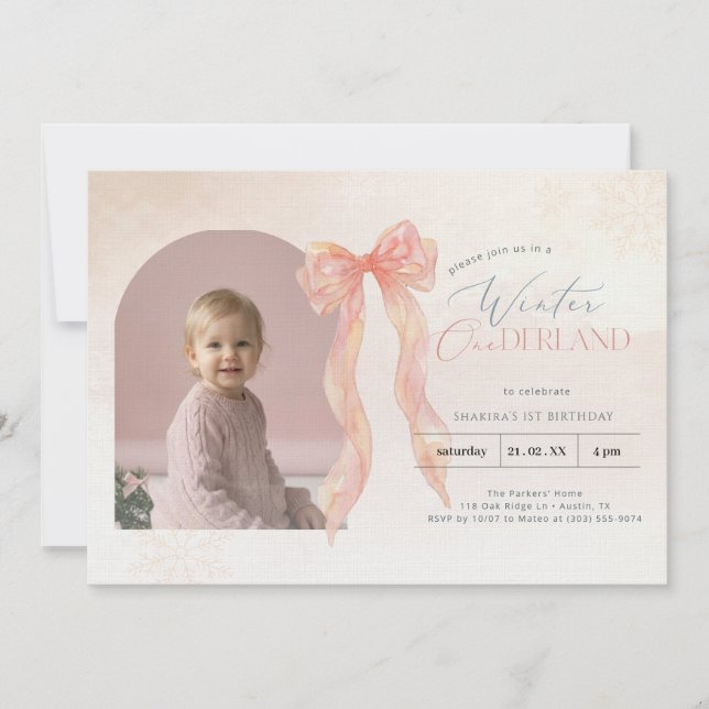 Invitation Pink Watercolor Bow Winter Onederland Arch Photo (Devant)