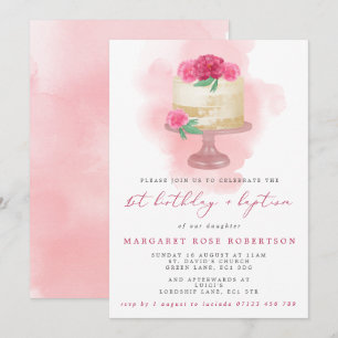Invitation Pink Watercolor Cake Girl's 1st Birthday & Baptism