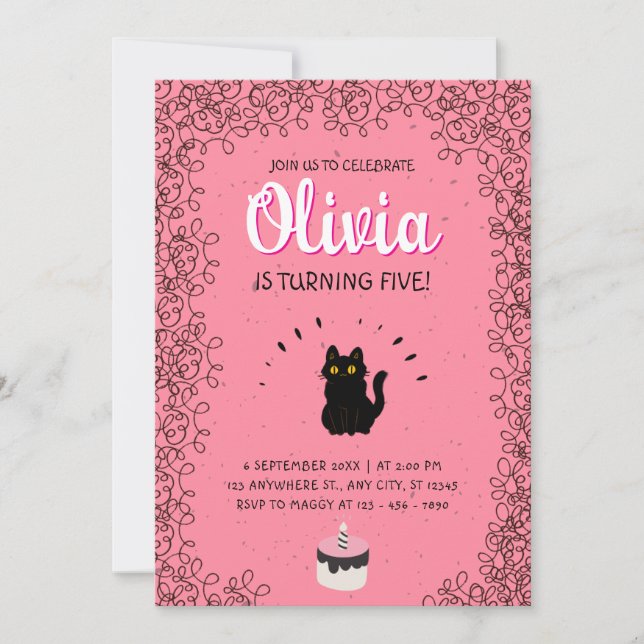 Invitation Pink Watercolor Chat fête d'anniversaire (Devant)