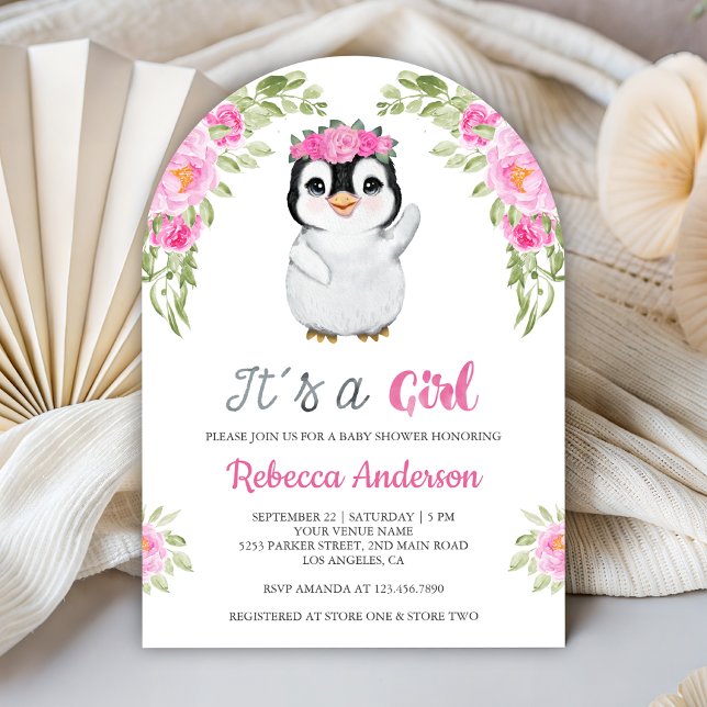 Invitation Pink Watercolor Floral Penguin Baby Shower (Créateur téléchargé)