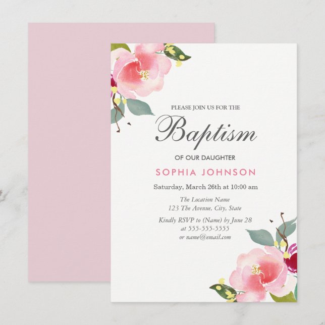 Invitation Pink Watercolor Flowers Baptême Christening Invita (Devant / Derrière)