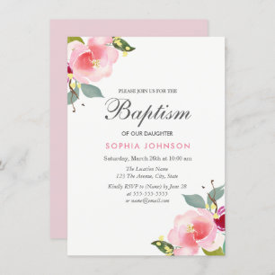 Invitation Pink Watercolor Flowers Baptême Christening Invita