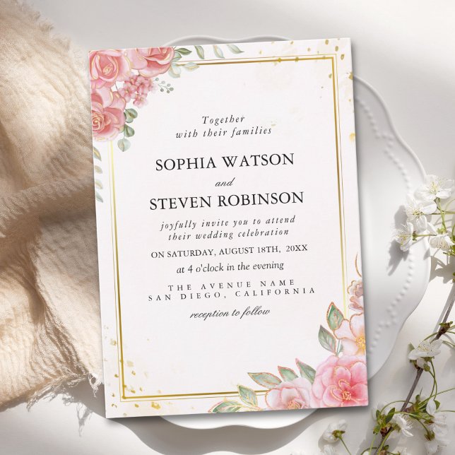 Invitation Pink Watercolor flowers Gold Modern Wedding Party  (Créateur téléchargé)