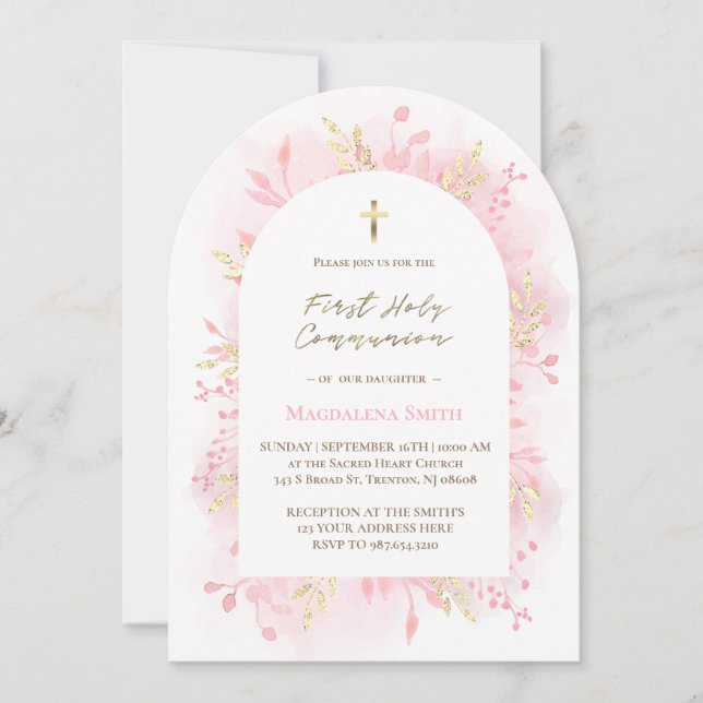 Invitation pink watercolor foliage First Holy Communion  (Devant)