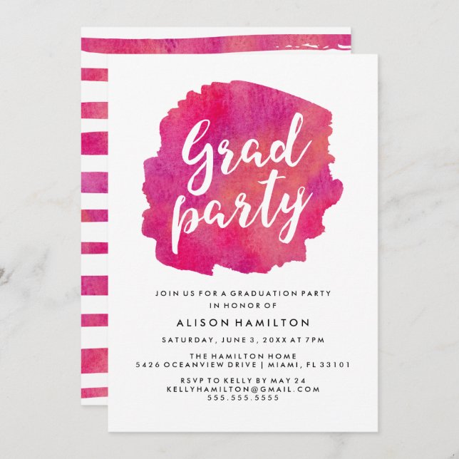 Invitation Pink Watercolor Graduation Party (Devant / Derrière)