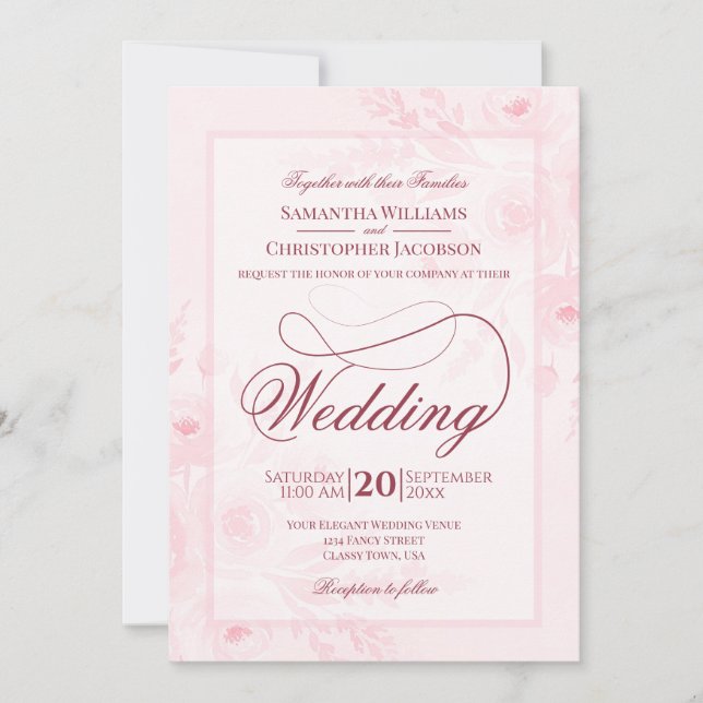 Invitation Pink Watercolor Peonies Fancy Script Wedding (Devant)