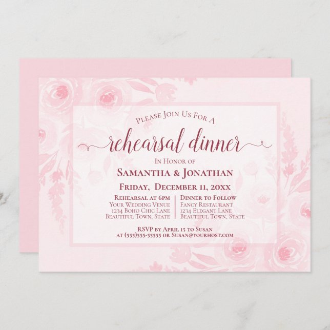 Invitation Pink Watercolor Peonies Wedding Rehearsal Dinner (Devant / Derrière)