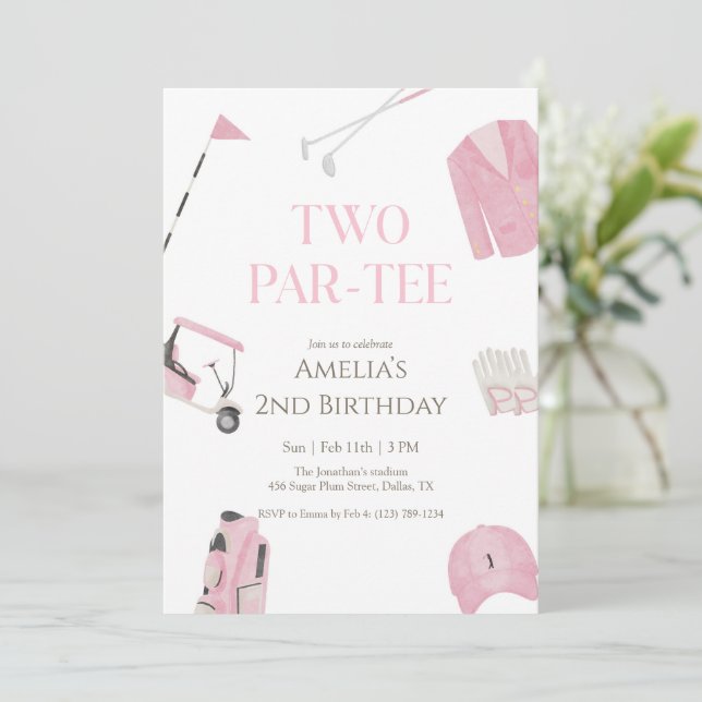 Invitation Pink Watercolor Preppy Golf Two Par-Tee Birthday (Debout devant)