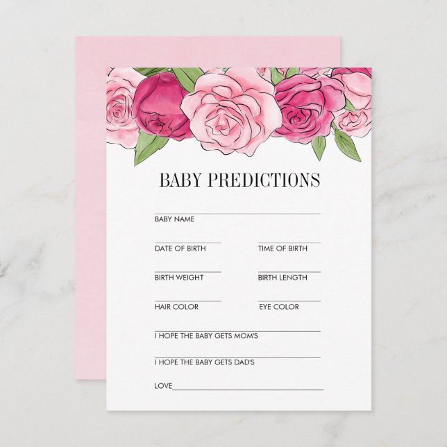 Invitation Pink Watercolor Roses Baby shower prédiction (Devant / Derrière)