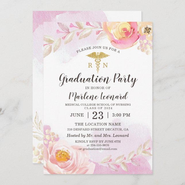 Invitation Pink Watercolor Roses RN Nurse Graduation Party (Devant / Derrière)