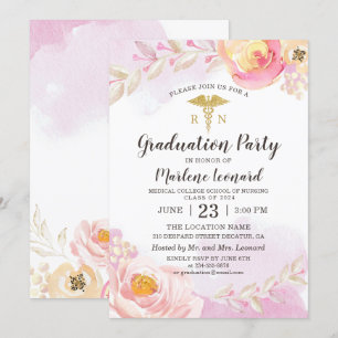 Invitation Pink Watercolor Roses RN Nurse Graduation Party