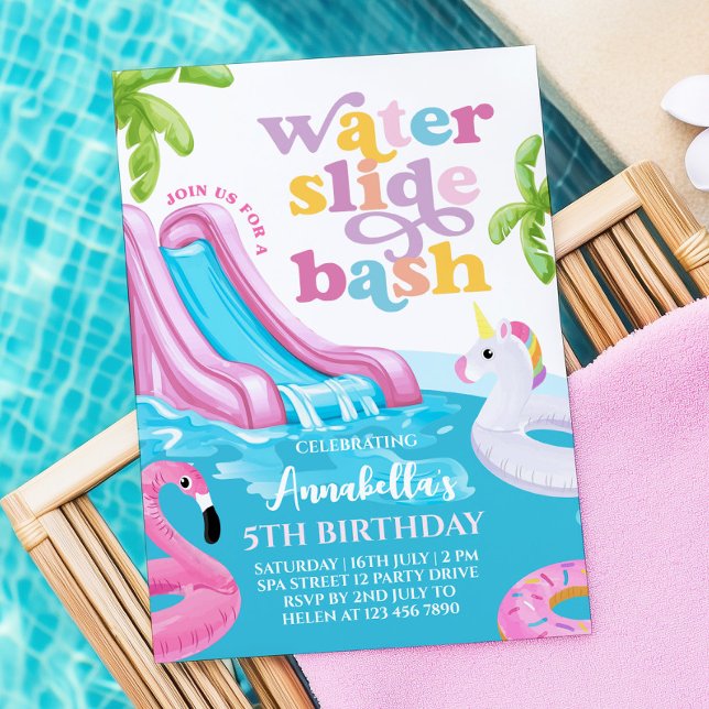 Invitation Pink Watertoboggan Pool Fête Anniversaire Invitati (Créateur téléchargé)