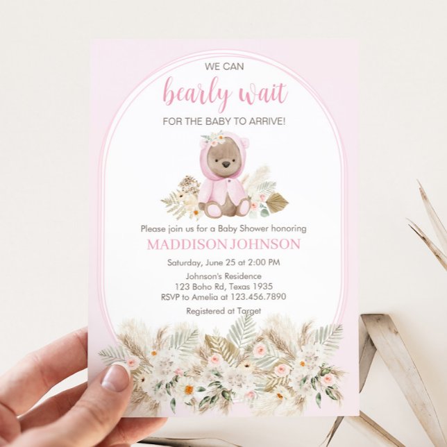 Invitation Pink We Can Bearly Wait Baby Shower  (Girl We Can Bearly Wait Baby Shower Invitation)