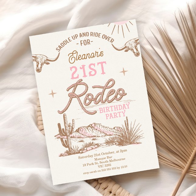 Invitation Pink Western Desert 21e Rodeo 21e anniversaire (Vintage 21st Rodeo 21st Birthday Invitation, Editable Rustic Cowgirl Birthday Invitation, Western)