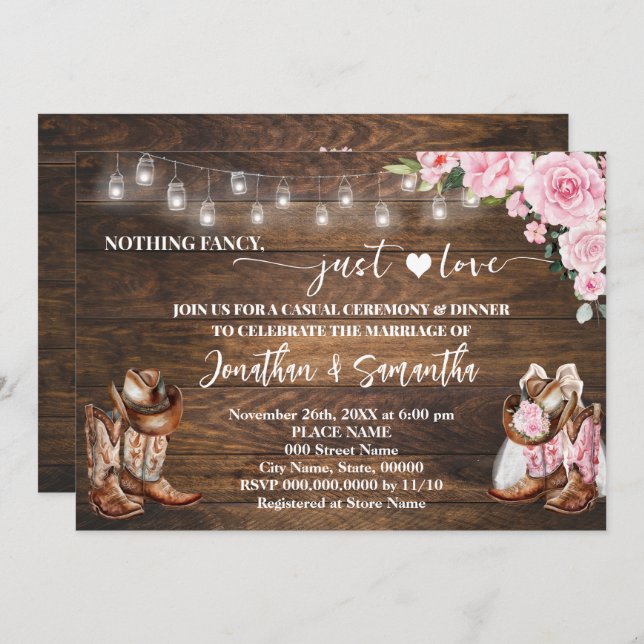 Invitation Pink Western Nothing Fancy Just Love Mariage (Devant / Derrière)