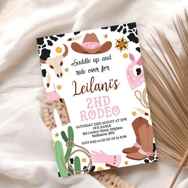 Invitation Pink Western Wild West 2ème anniversaire de Rodeo (2nd Rodeo Cowgirl Birthday Party Invitation Wild West Cowgirl Second Rodeo Invite Editable Template)