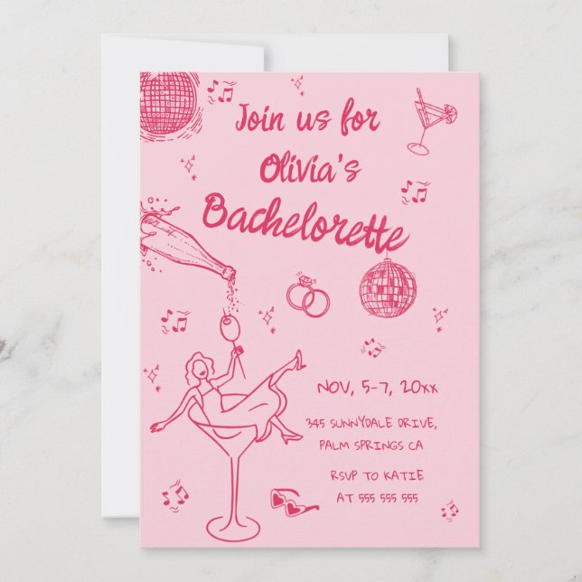 Invitation Pink Whimsical Main tiré Bachelorette Party (Devant)