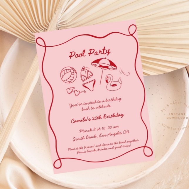 Invitation Pink Whimsical Pool Party été Anniversaire Invitat (Créateur téléchargé)