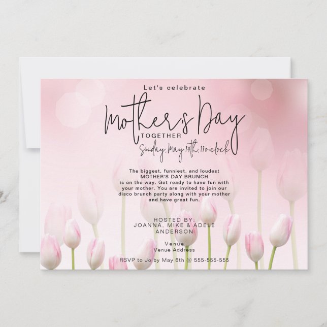 Invitation Pink Whimsical Tulips Mère's Day Script Brunch (Devant)