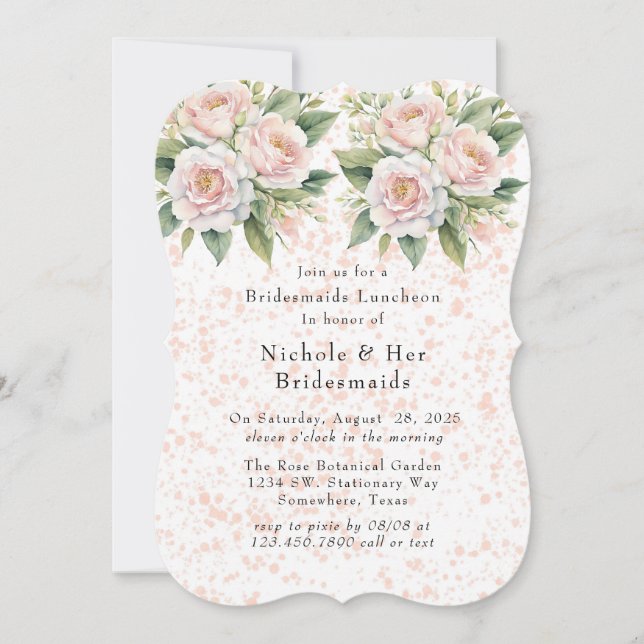 Invitation Pink White Botanical Roses Bridesmaiers Déjeuner (Devant)