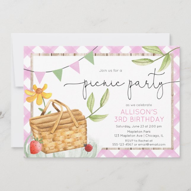Invitation Pink white en vichy fête d'anniversaire de la Piqu (Devant)