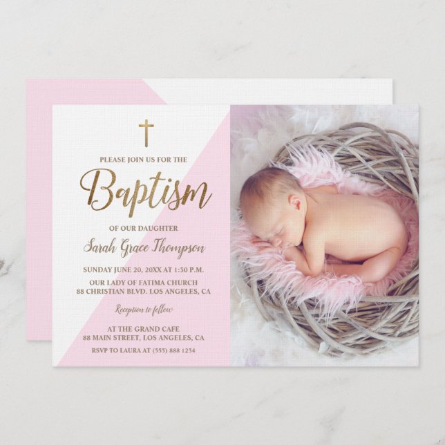 Invitation Pink White Gold Baptism photo fille fille (Devant / Derrière)