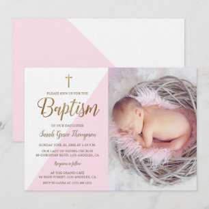 Invitation Pink White Gold Baptism photo fille fille