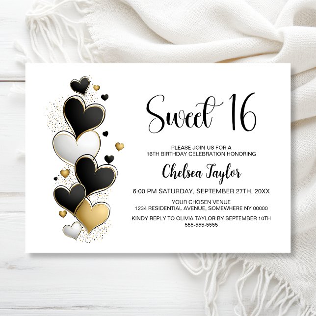 Invitation Pink White Gold Heart Theme Sweet 16 Birthday (Créateur téléchargé)