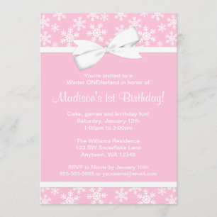 Invitation Pink White Snowflakes Bow Winter ONE derland