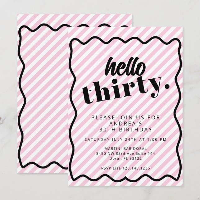 Invitation Pink White Stripes Trente 30e anniversaire (Devant / Derrière)