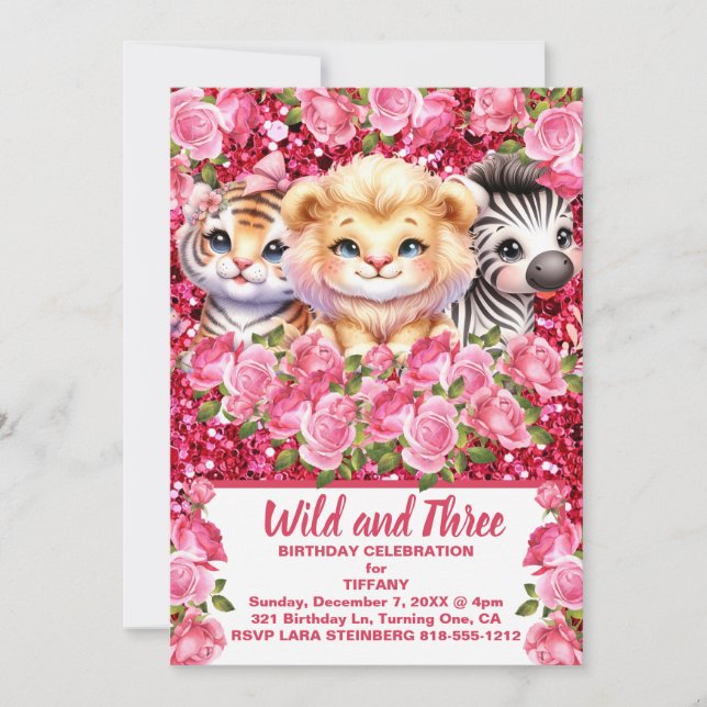 Invitation Pink Wild et fête d'anniversaire de la fille de 3  (Devant)