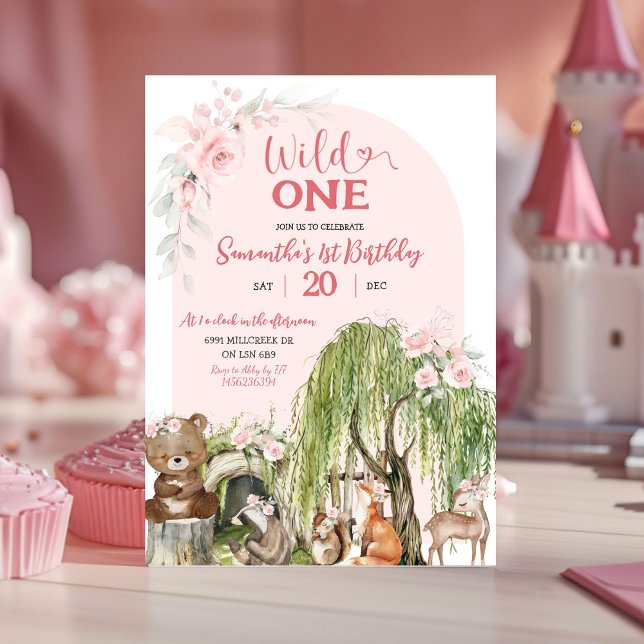 Invitation Pink Wild One Woodland Animaux Fille premier anniv (Créateur téléchargé)