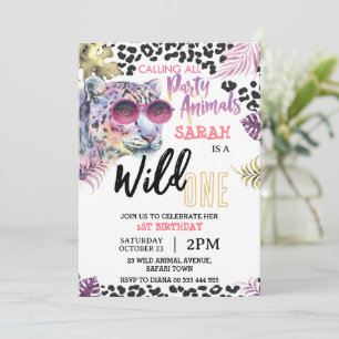 Invitation Pink Wild Un 1er anniversaire Safari Jungle Girl