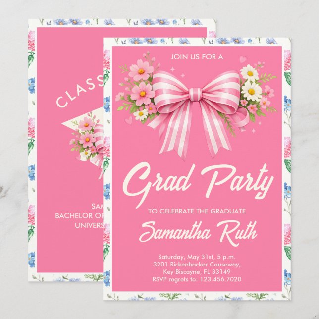 Invitation Pink Wildflower Bow Graduation Party  (Devant / Derrière)