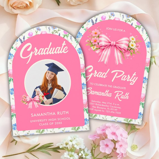 Invitation Pink Wildflower Bow Photo Graduation Party (Créateur téléchargé)