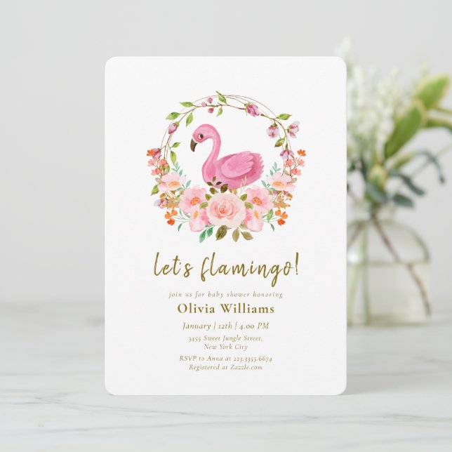 Invitation Pink Wildflower Rose Wreath Flamingo Baby Shower (Debout devant)