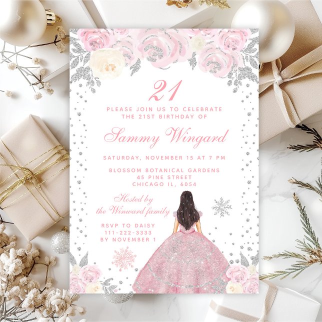 Invitation Pink Winter Brunette Hair Princesse Anniversaire (Créateur téléchargé)