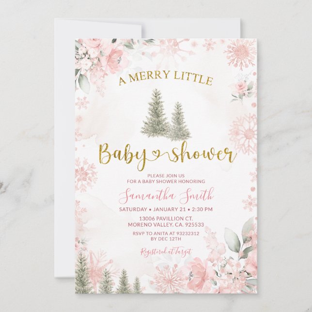 Invitation Pink Winter Christmas A Merry Little Baby Shower (Devant)