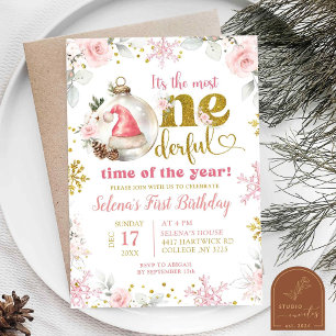 Invitation Pink Winter Floral First Onederful Birthday Girl